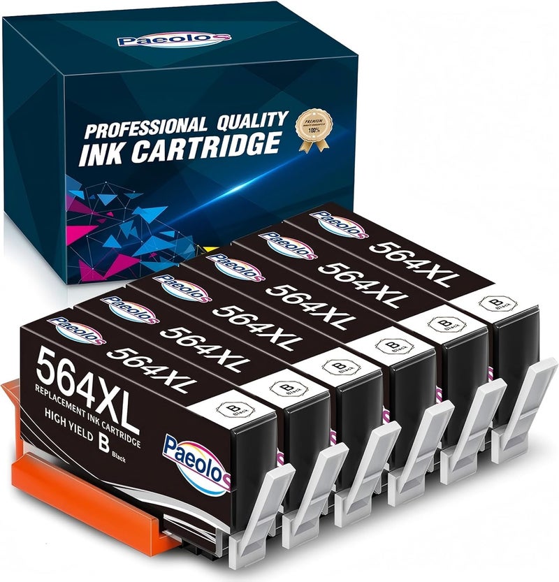 Paeolos خراطيش حبر بايولوس 564 السوداء البديلة لـ HP 564XL 564 XL حزمة مجموعة (6 عبوة) لطابعات HP Photosmart 6520 7520 5520، OfficeJet 4620، DeskJet 3520 - إنتاجية عالية 6 أسود - Image 1
